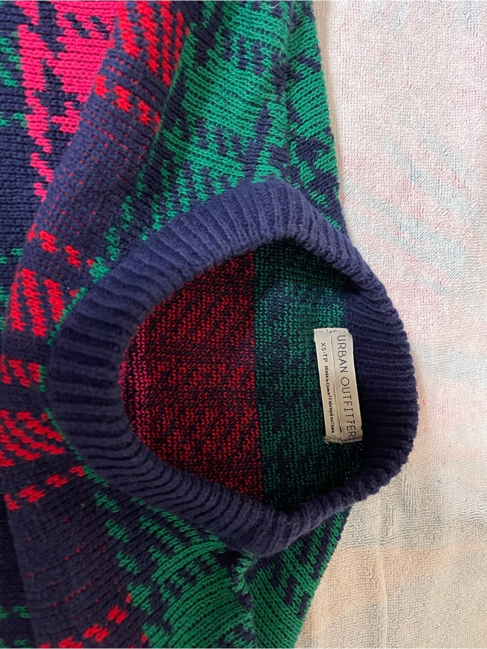 Urban Outfitters Navy, Green & Red Patterned Crewneck Sweater